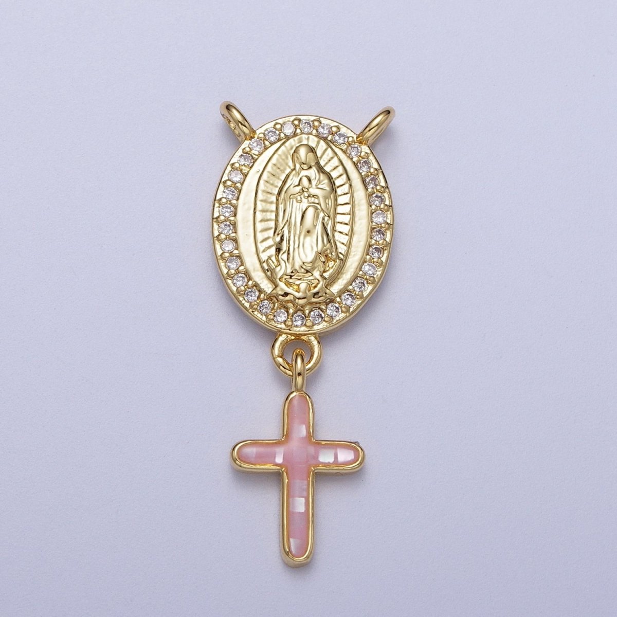 14K Gold Filled Micro Paved Lady Guadalupe Religious Cross Opal Drop Rosary Connector | Y-630~Y-634