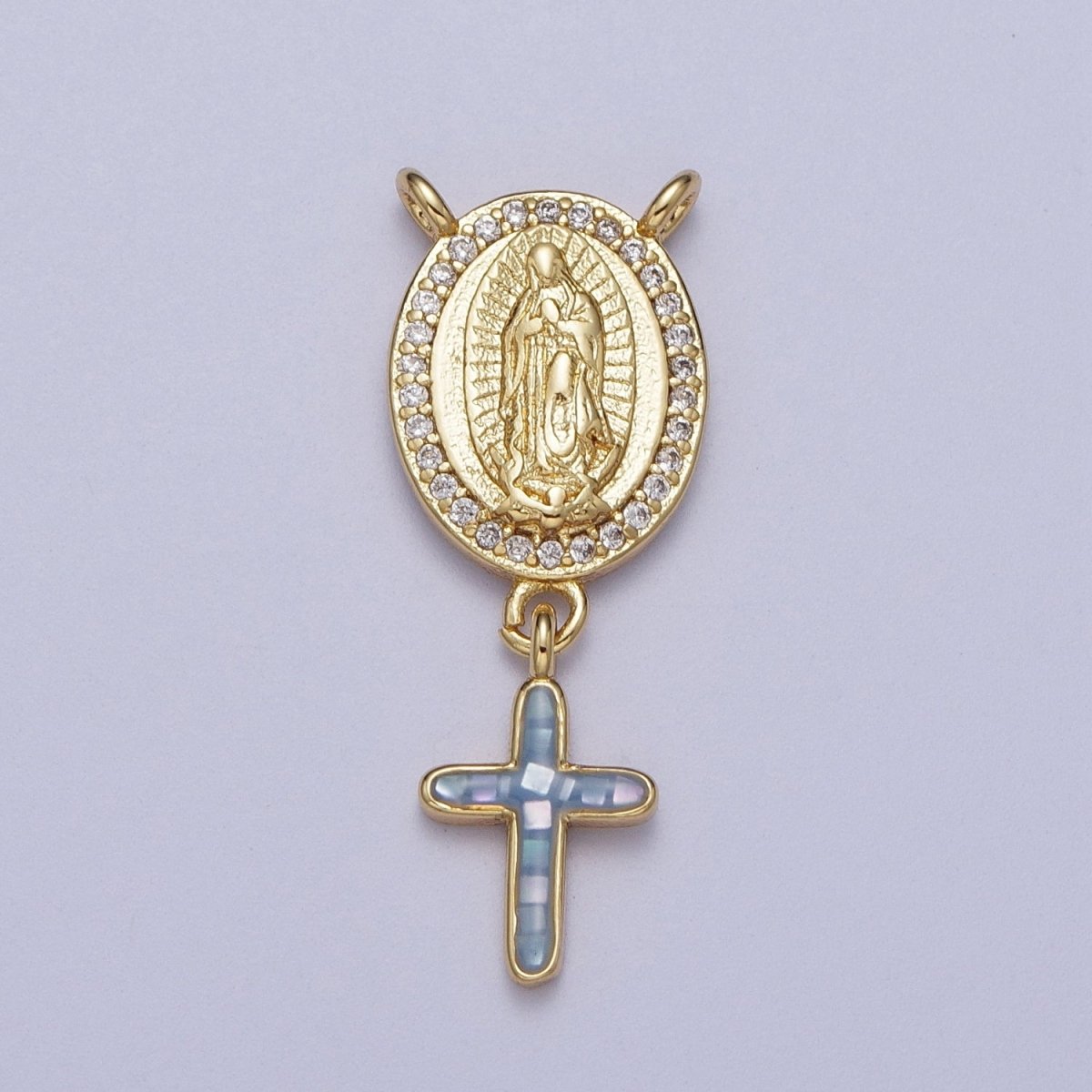 14K Gold Filled Micro Paved Lady Guadalupe Religious Cross Opal Drop Rosary Connector | Y-630~Y-634