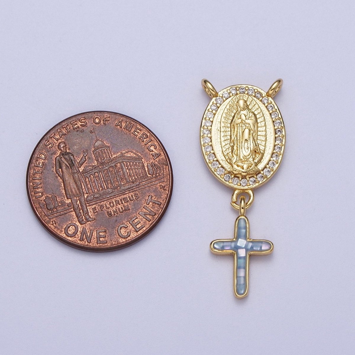 14K Gold Filled Micro Paved Lady Guadalupe Religious Cross Opal Drop Rosary Connector | Y-630~Y-634