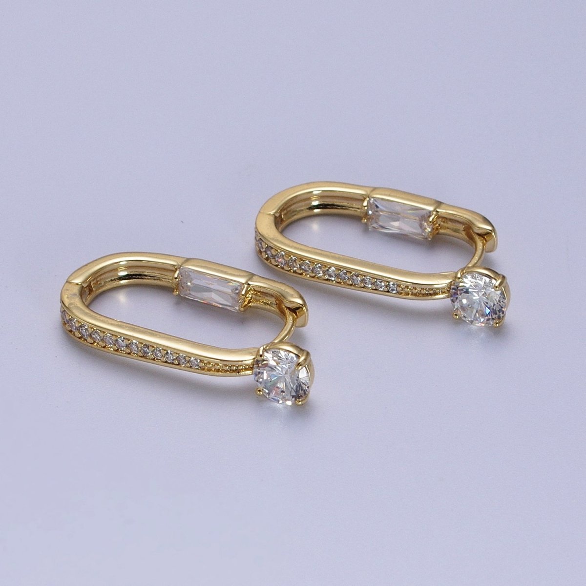 14K Gold Filled Micro Paved Round Baguette CZ Two Sided Oblong Huggie Earrings | V-021 - DLUXCA