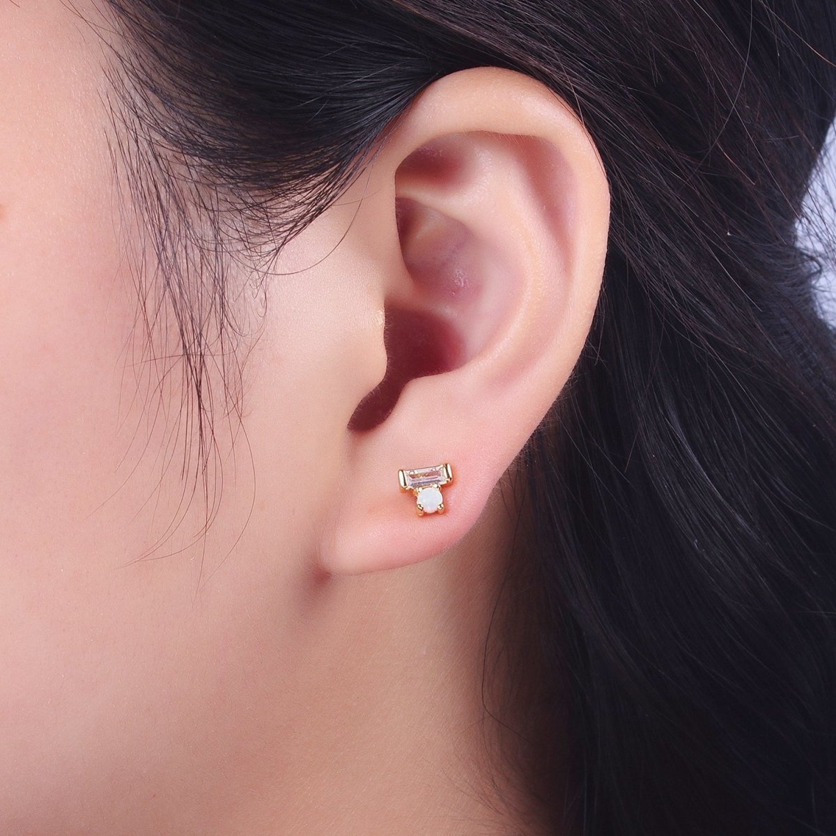 14K Gold Filled Mini White Opal Clear Baguette Stud Earrings | Y-093 - DLUXCA