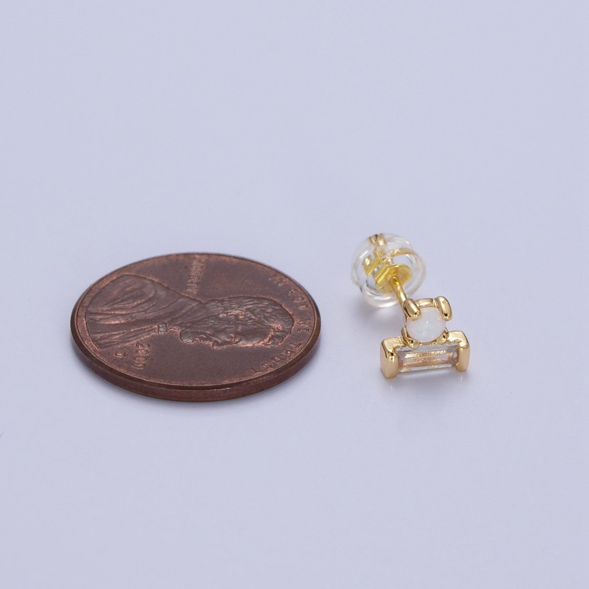 14K Gold Filled Mini White Opal Clear Baguette Stud Earrings | Y-093 - DLUXCA