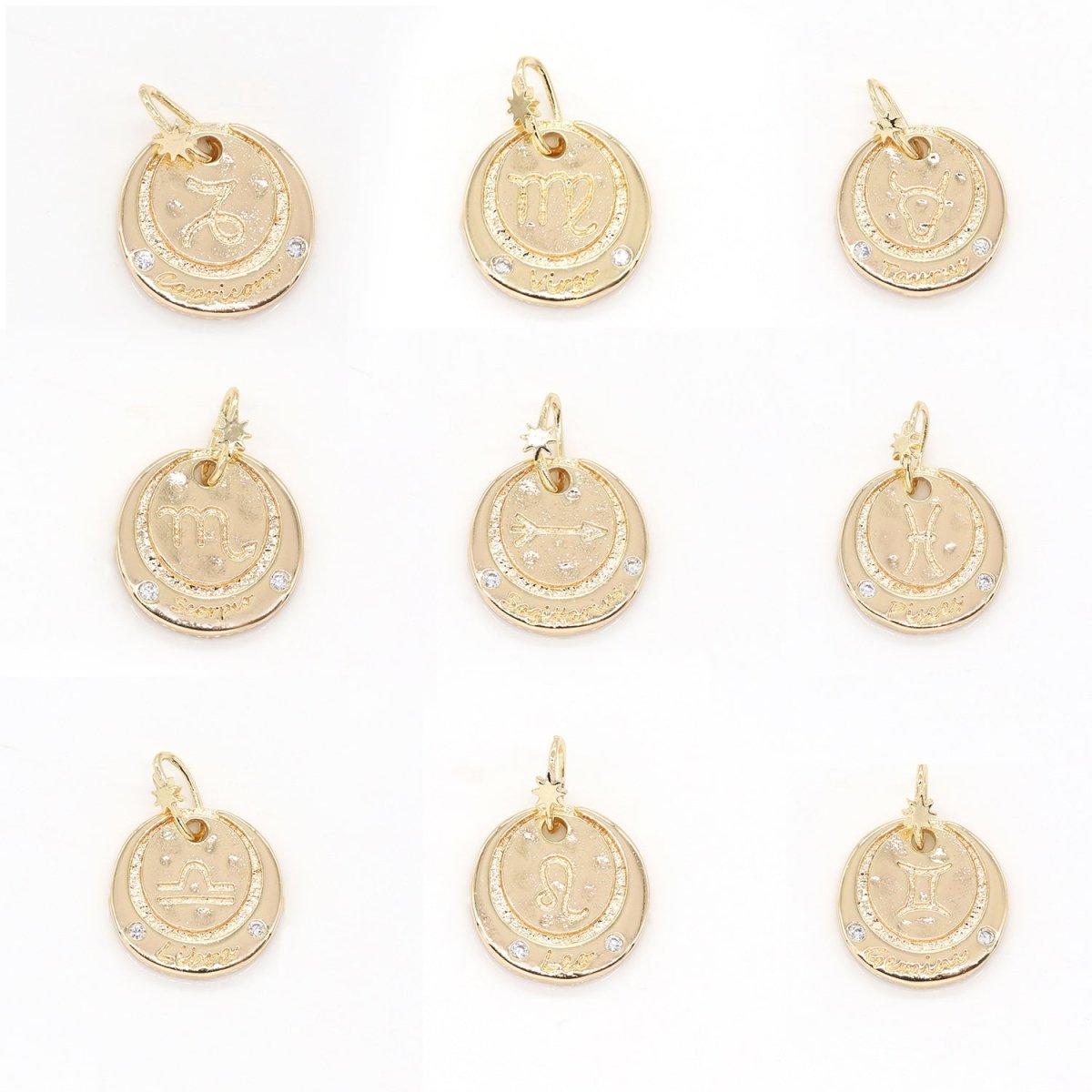 14K Gold Filled Mini Zodiac Horoscope Sign Constellation Medallion Pendant Charm Rustic Coin for Necklace Bracelet Earring Jewelry Making | A-A1845-A-A1850