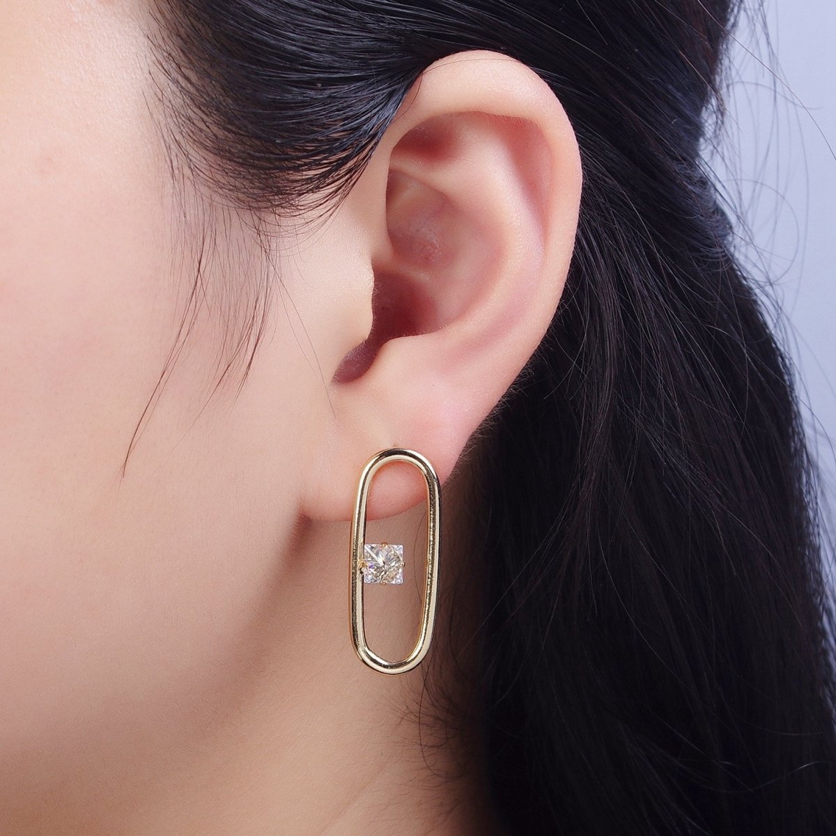 14K Gold Filled Minimalist Stud Earring Oval with Dainty Cubic Zirconia Crystal, Perfect for Everyday Wear or Gift | X913 - DLUXCA