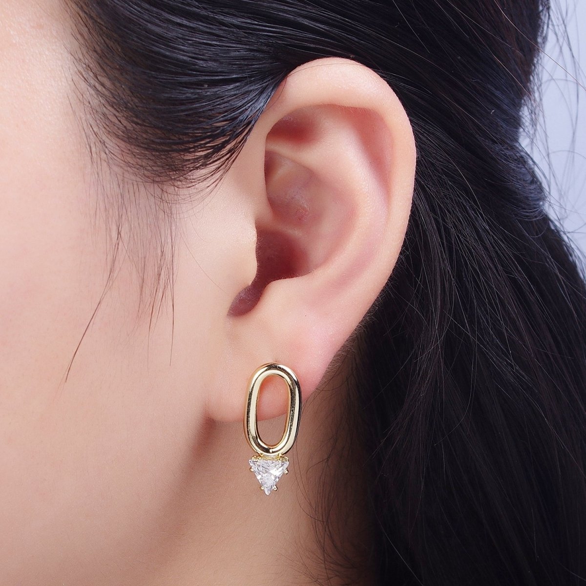 14K Gold Filled Minimalist Stud Earring Oval with Triangle Cubic Zirconia Crystal, Perfect for Everyday Wear or Gift | X915 - DLUXCA