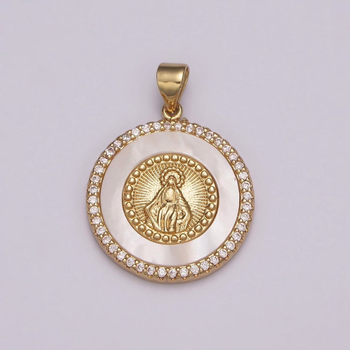 14K Gold Filled Miraculous Lady / Lady Guadalupe Micro Paved CZ Shell Pearl Round Pendant N-532 N-533