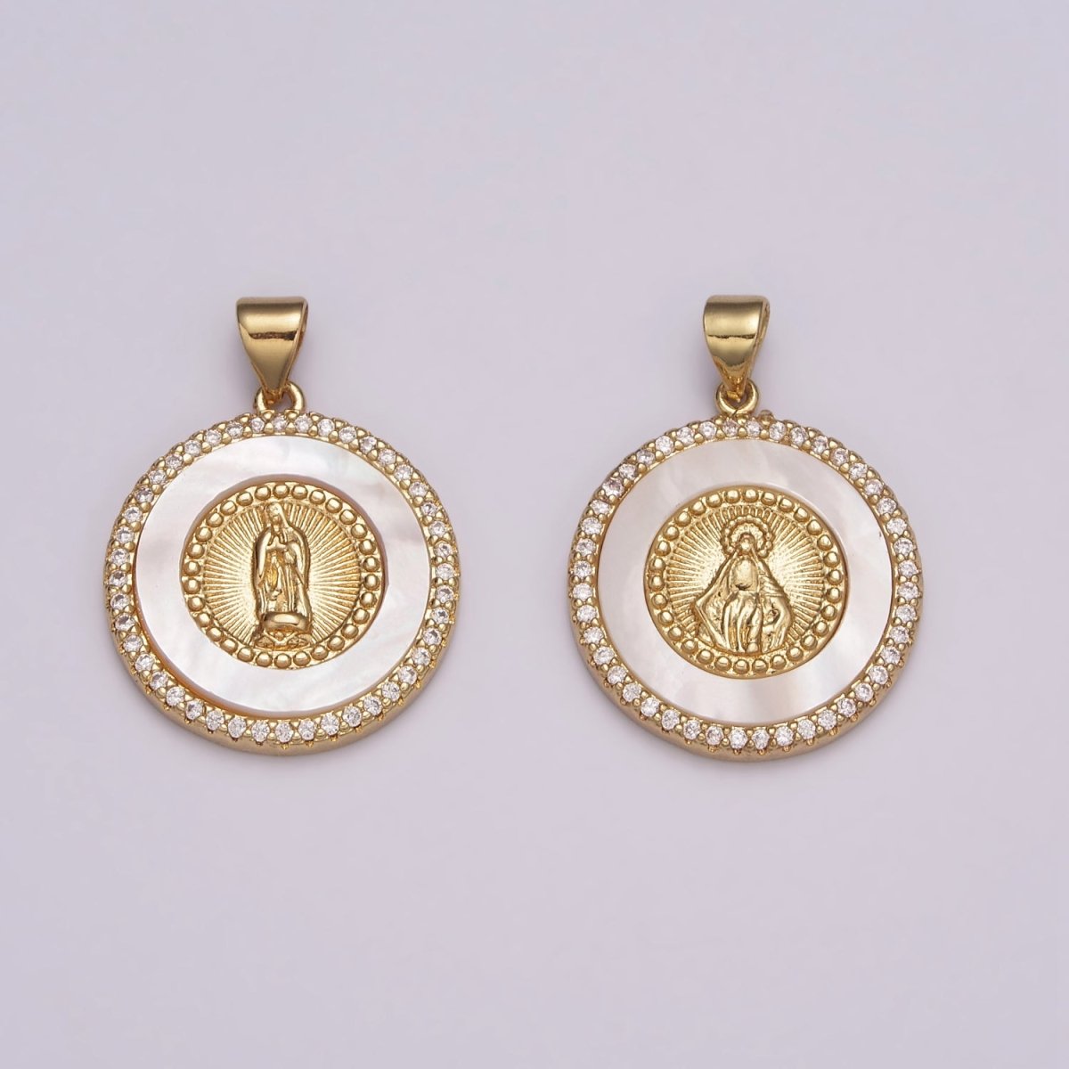 14K Gold Filled Miraculous Lady / Lady Guadalupe Micro Paved CZ Shell Pearl Round Pendant N-532 N-533