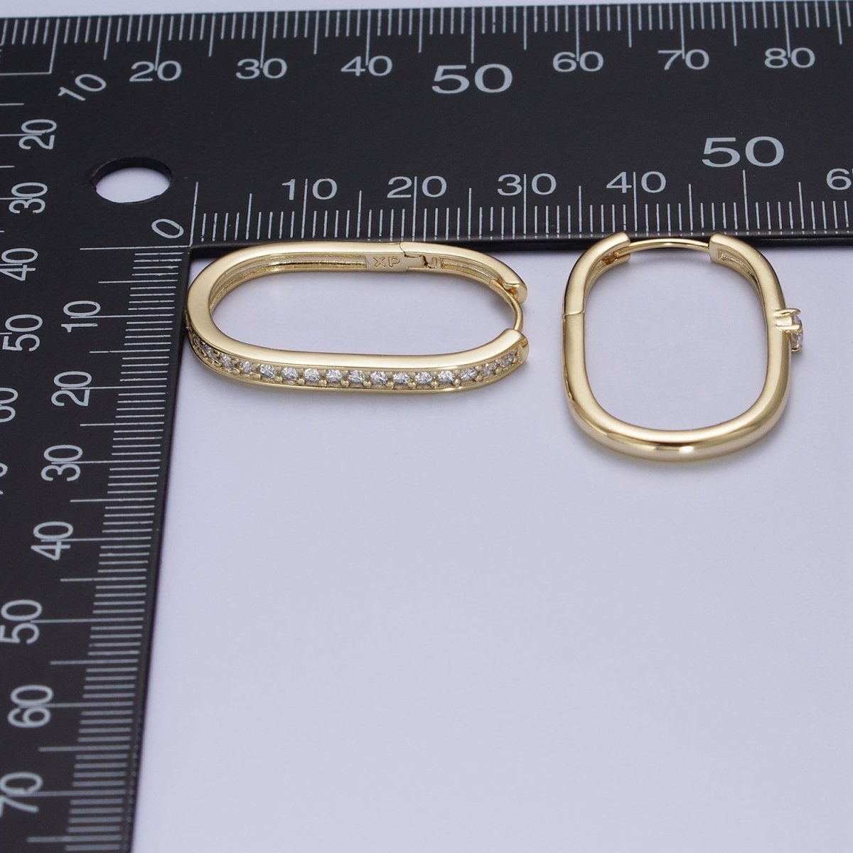 14K Gold Filled Mismatched U Shaped Huggie, Micro Paved & Round Cubic Zirconia Oblong Hoop Earrings Set | Y-054 - DLUXCA