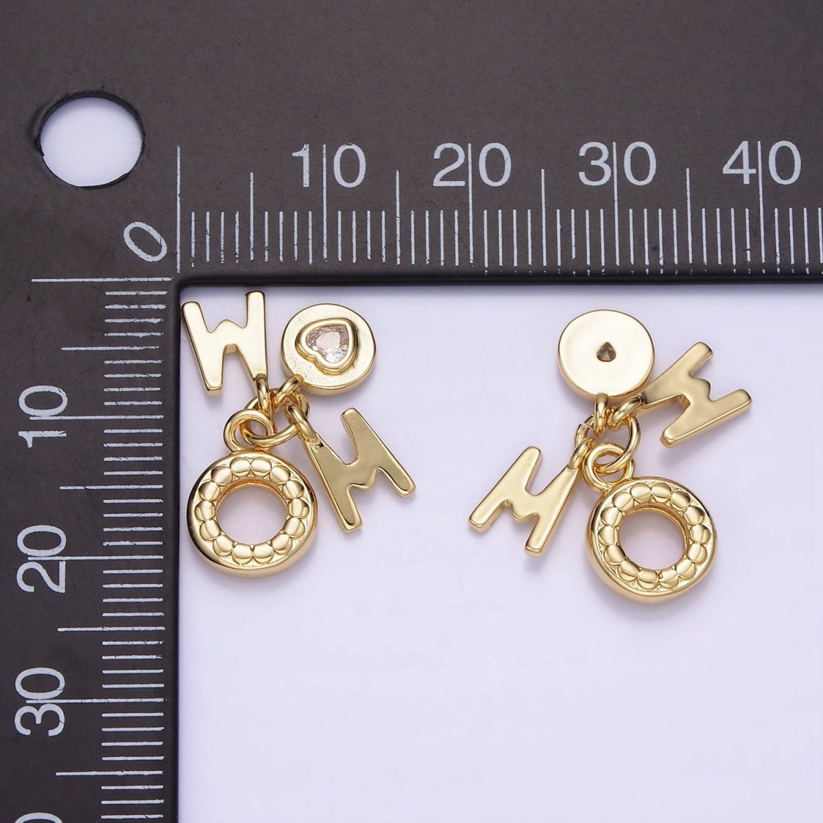 14K Gold Filled "MOM" Script Heart CZ Dotted Open Round Drop Charm | AG629 - DLUXCA