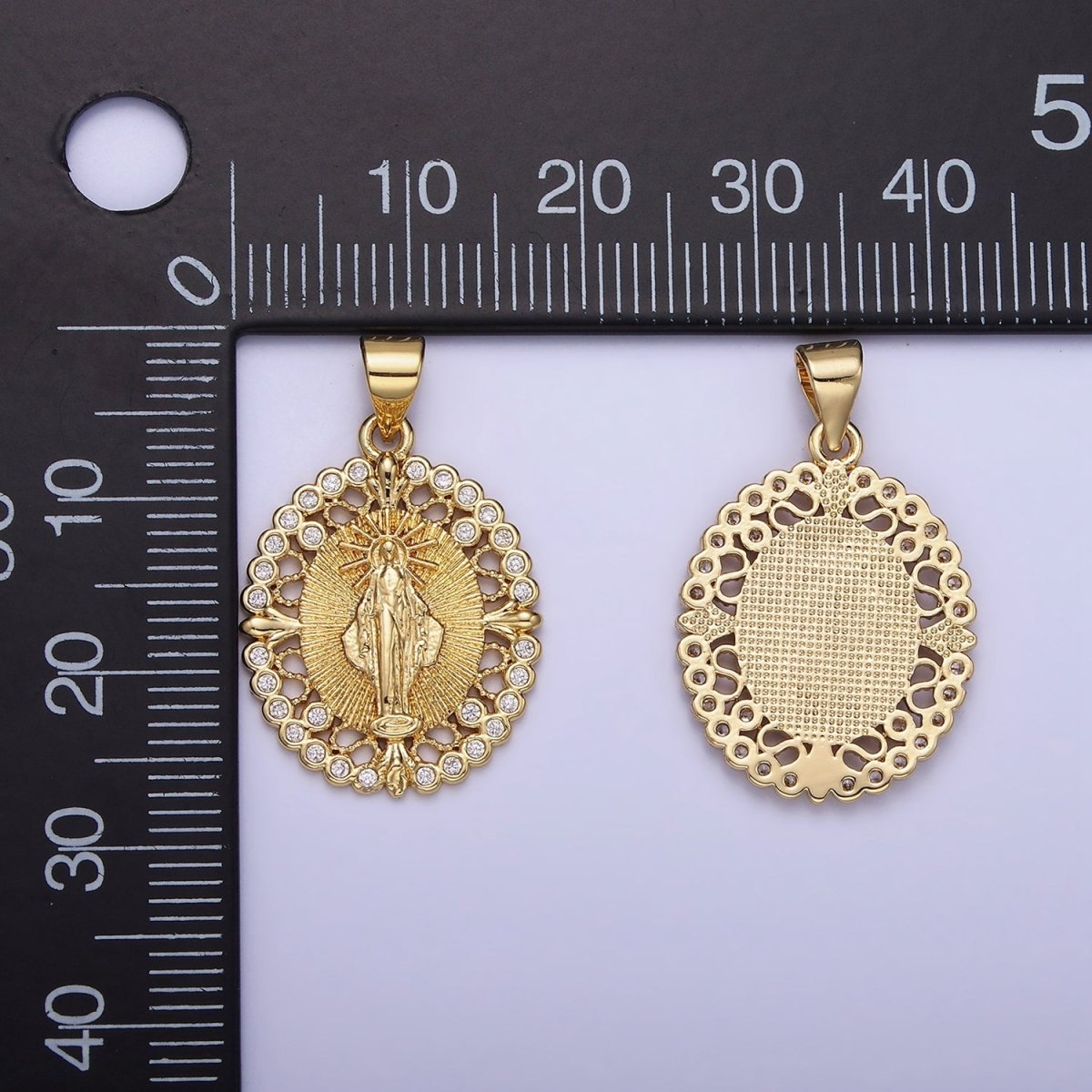 14K Gold Filled Mother Mary CZ Round Dotted Open Oval Pendant | AA1129 - DLUXCA