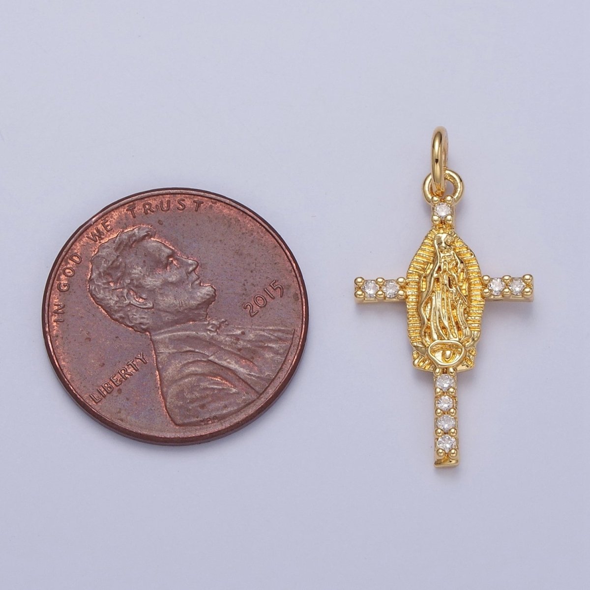 14K Gold Filled Mother Mary on Micro Pave Clear CZ Cross Religious Charm in Gold & Silver | X-139 X-140
