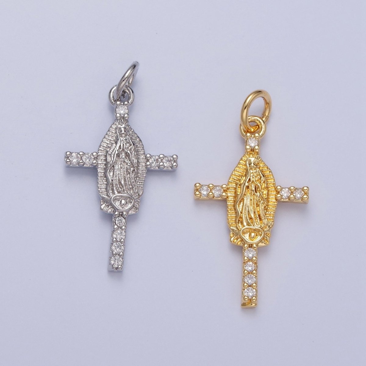 14K Gold Filled Mother Mary on Micro Pave Clear CZ Cross Religious Charm in Gold & Silver | X-139 X-140