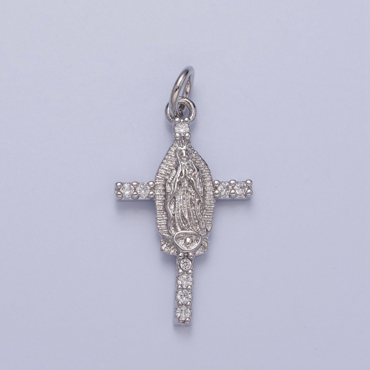 14K Gold Filled Mother Mary on Micro Pave Clear CZ Cross Religious Charm in Gold & Silver | X-139 X-140