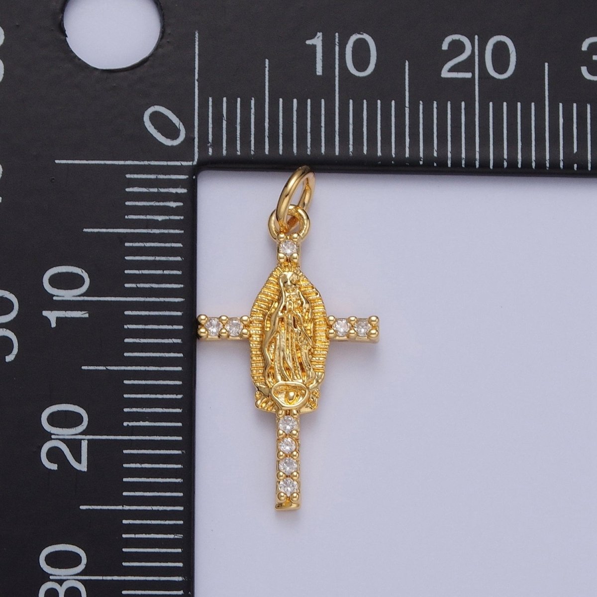 14K Gold Filled Mother Mary on Micro Pave Clear CZ Cross Religious Charm in Gold & Silver | X-139 X-140