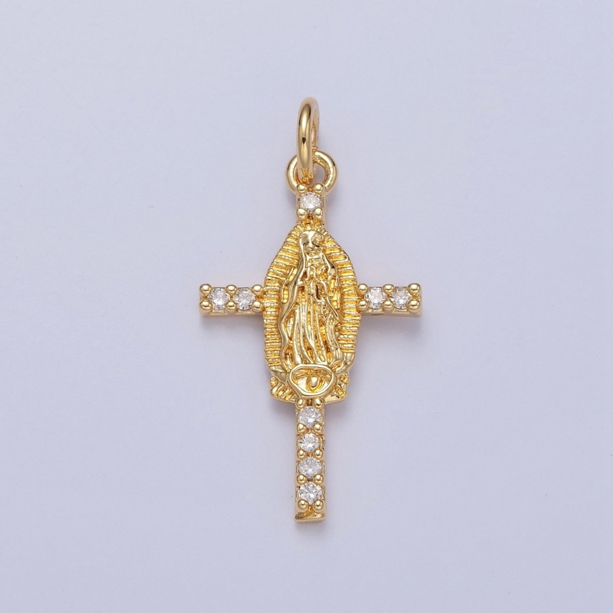 14K Gold Filled Mother Mary on Micro Pave Clear CZ Cross Religious Charm in Gold & Silver | X-139 X-140