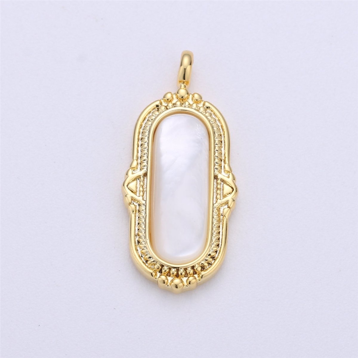 OS 14K Gold Filled Mother of Pearl Oval Vintage Charm Rectangular Artisan Pendant H-221