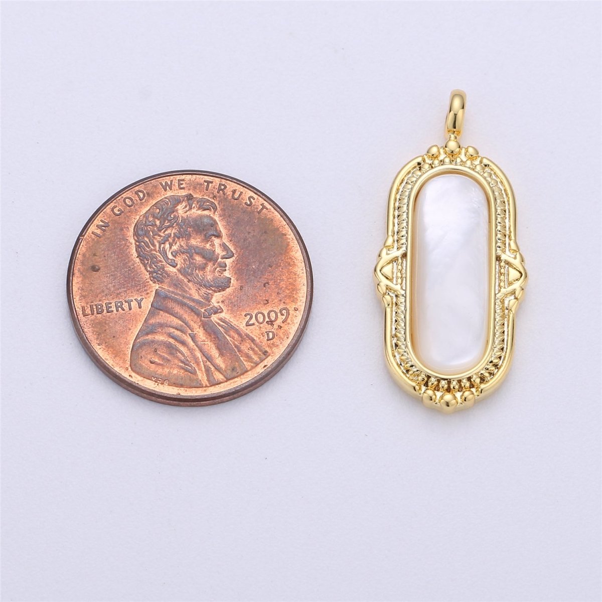 OS 14K Gold Filled Mother of Pearl Oval Vintage Charm Rectangular Artisan Pendant H-221