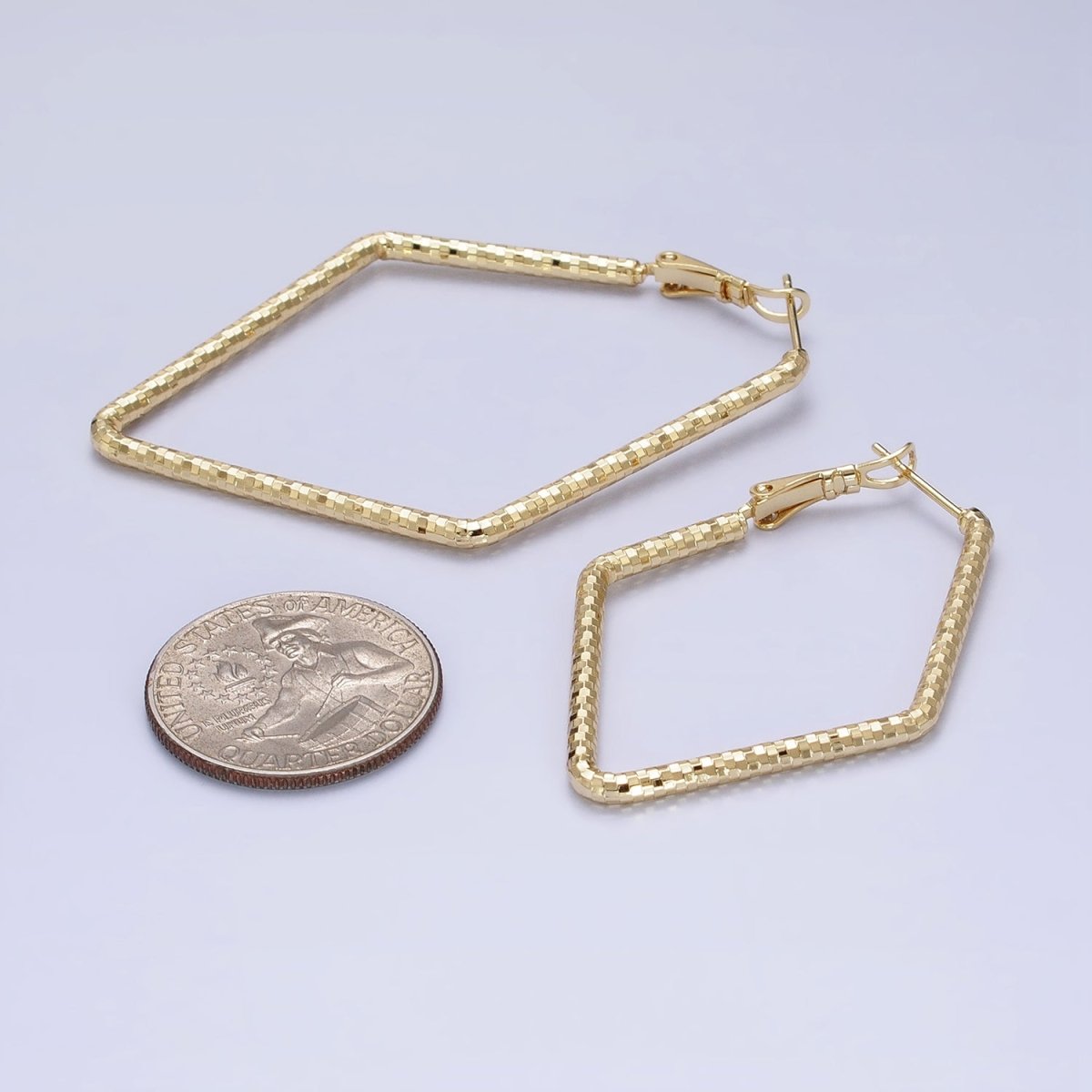 14K Gold Filled Multifaceted Textured 45mm, 60mm Rhombus Hinge Hoop Earrings | AE063 AE064