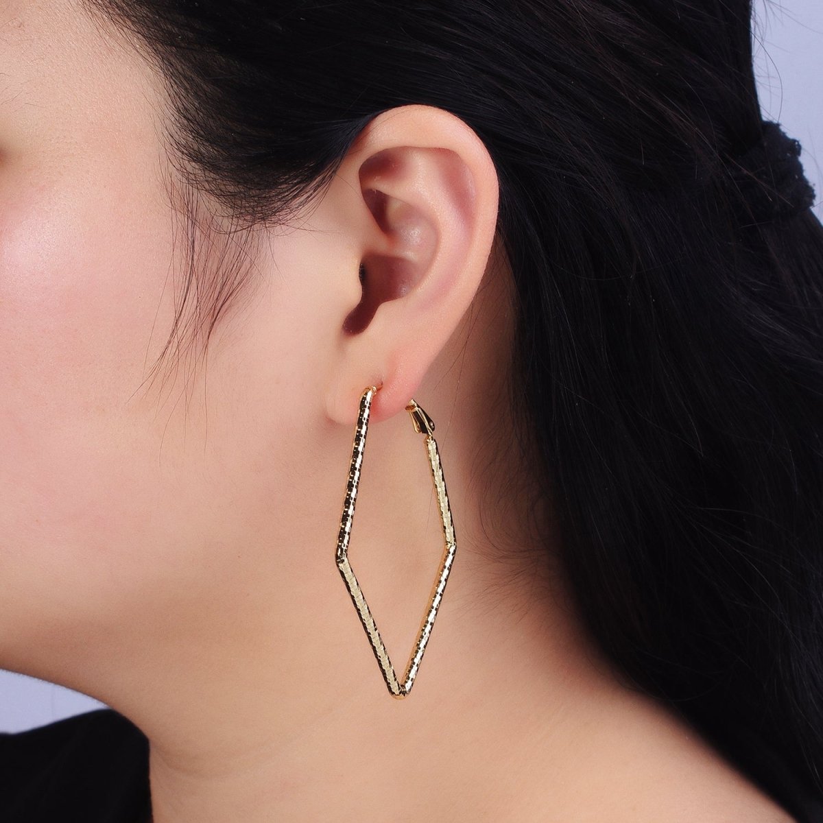 14K Gold Filled Multifaceted Textured 45mm, 60mm Rhombus Hinge Hoop Earrings | AE063 AE064
