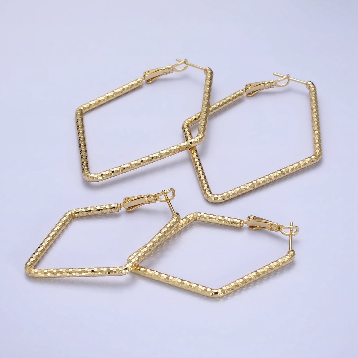 14K Gold Filled Multifaceted Textured 45mm, 60mm Rhombus Hinge Hoop Earrings | AE063 AE064