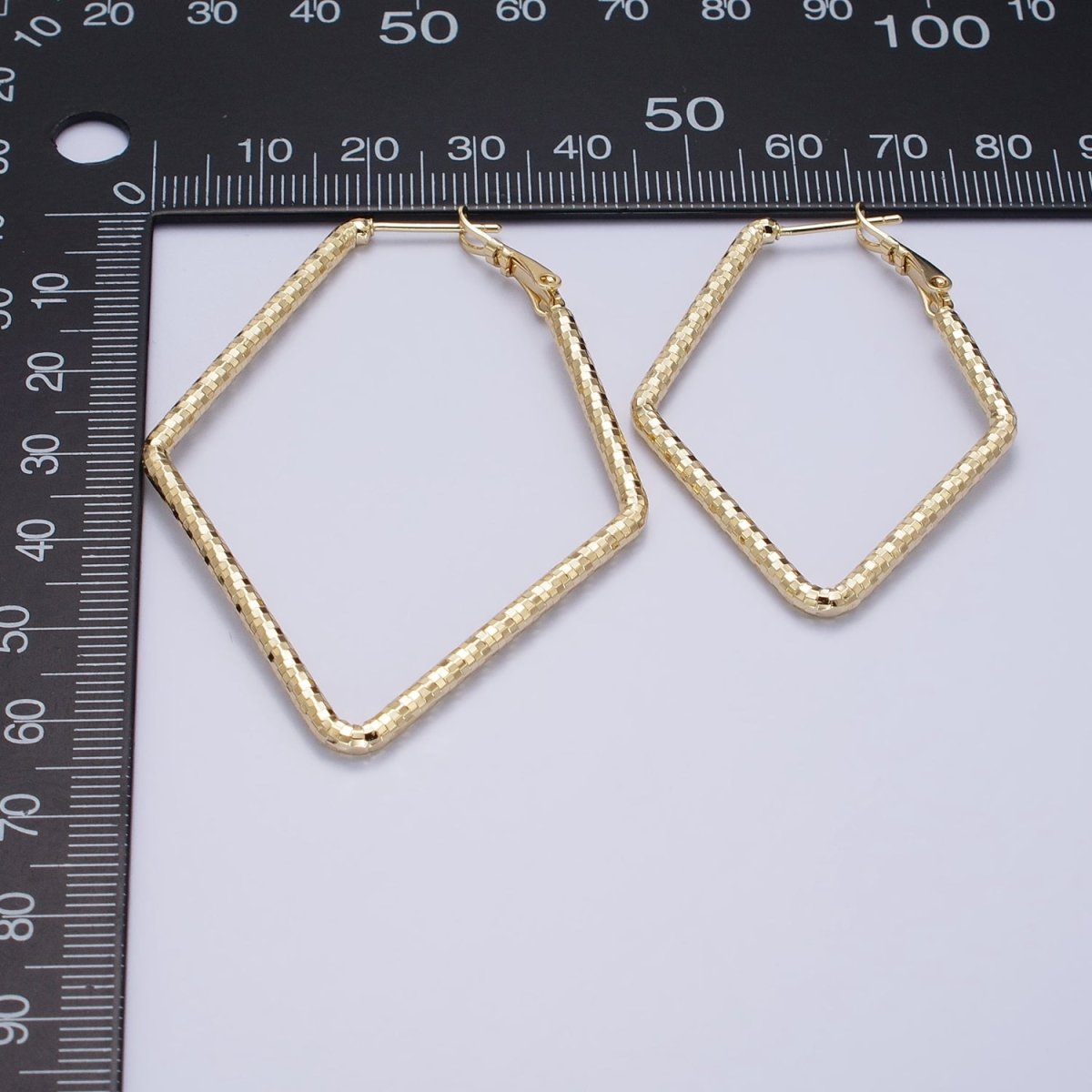 14K Gold Filled Multifaceted Textured 45mm, 60mm Rhombus Hinge Hoop Earrings | AE063 AE064