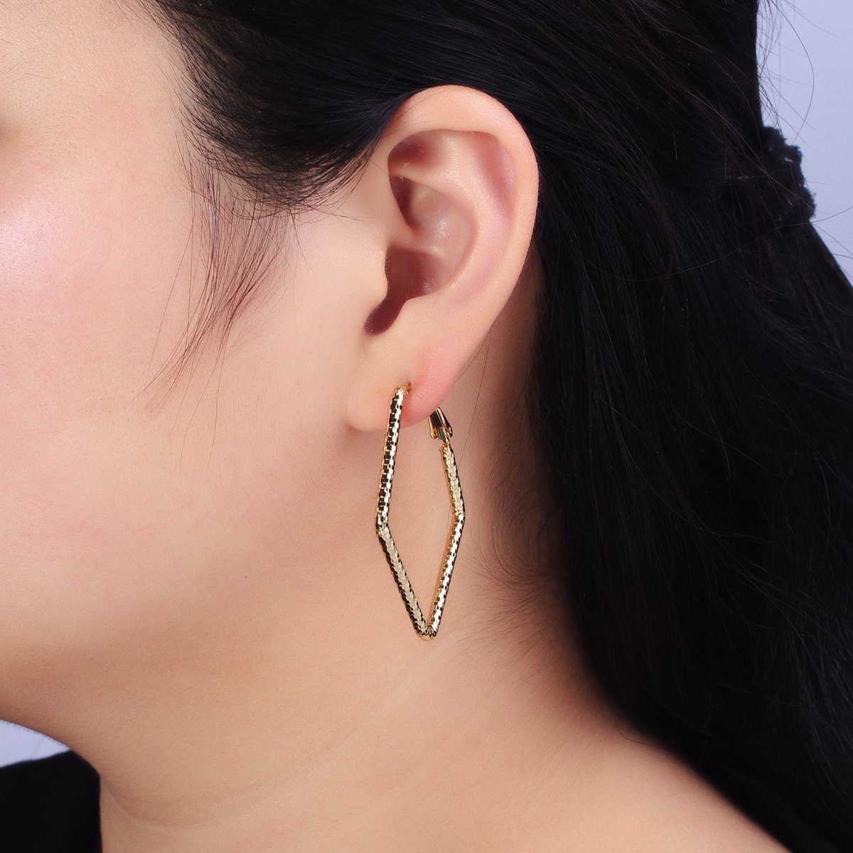 14K Gold Filled Multifaceted Textured 45mm, 60mm Rhombus Hinge Hoop Earrings | AE063 AE064