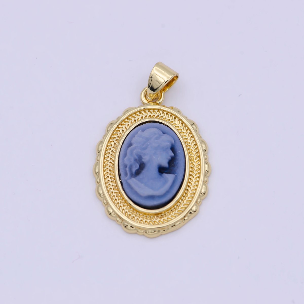 14K Gold Filled Natural Blue Agate Women's Portrait Italian Cameo Vintage Jewelry Oval Pendant N-585