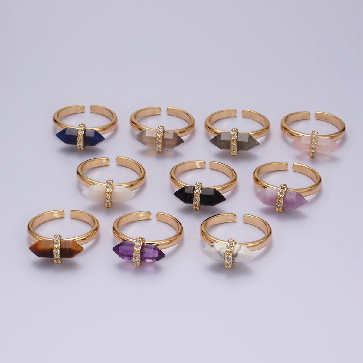 14K Gold Filled Natural Gemstone Pointed Wand Micro Paved CZ Ring | O698 - O707