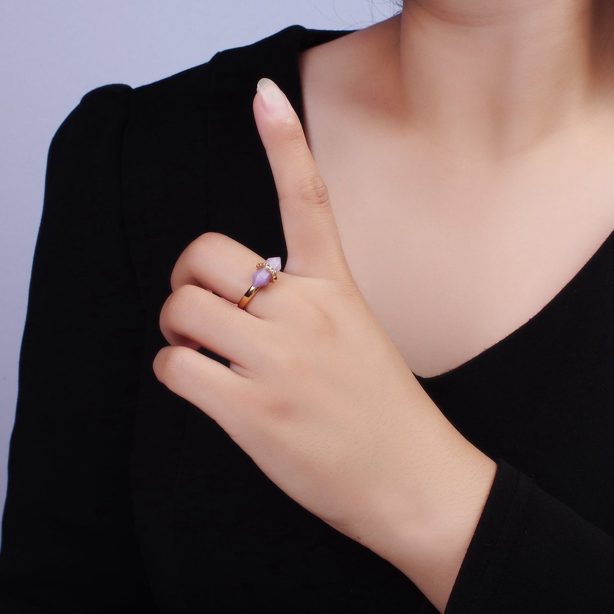 14K Gold Filled Natural Gemstone Pointed Wand Micro Paved CZ Ring | O698 - O707