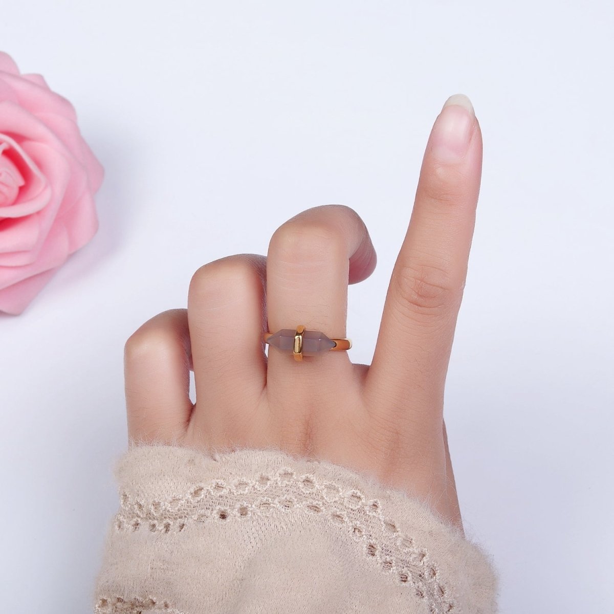 14K Gold Filled Natural Gemstone Pointed Wand Ring | O688 - O697