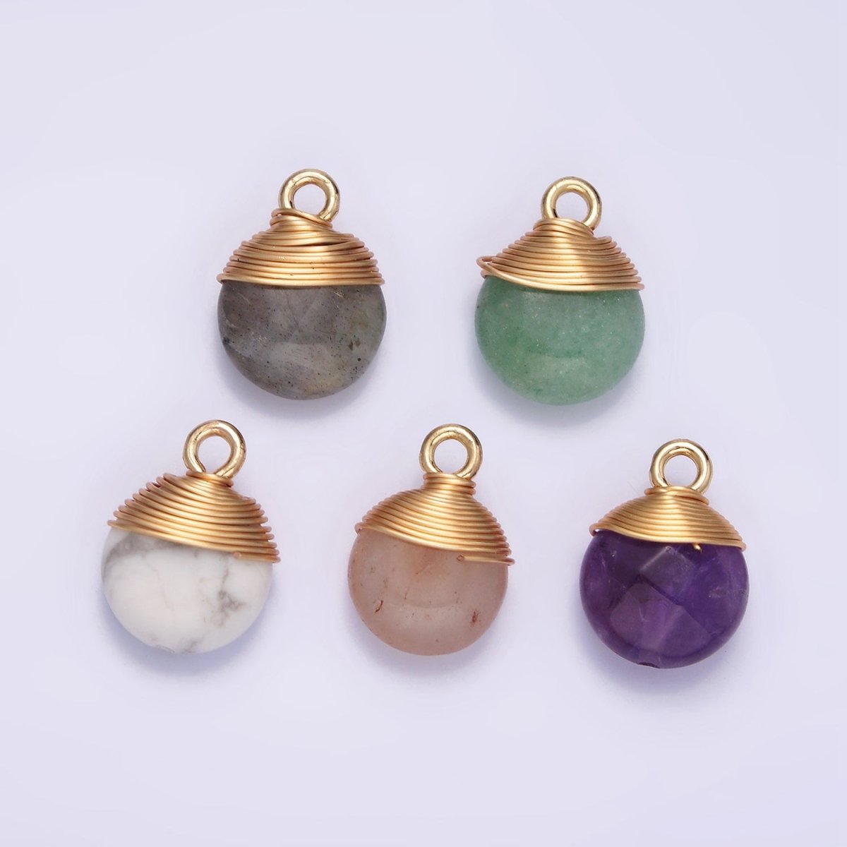 14K Gold Filled Natural Gemstone Round Multifaceted Wire Wrapped Charm | N1718 - N1722