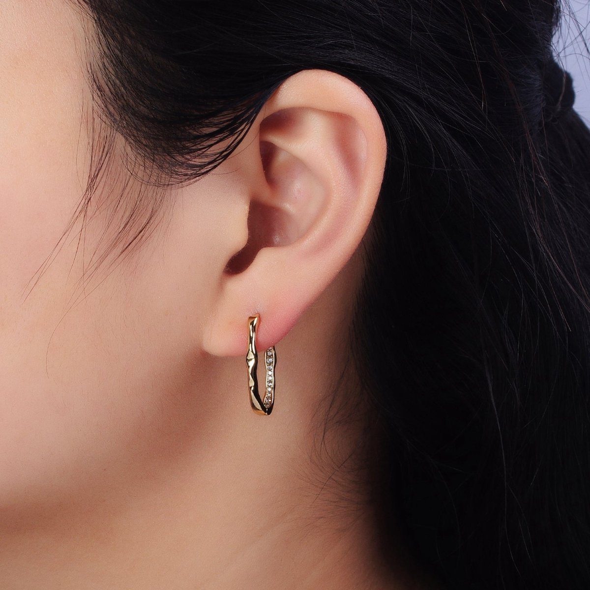 14K Gold Filled Oblong Hammered Geometric Micro Paved Hoop Earrings | AB266 - DLUXCA