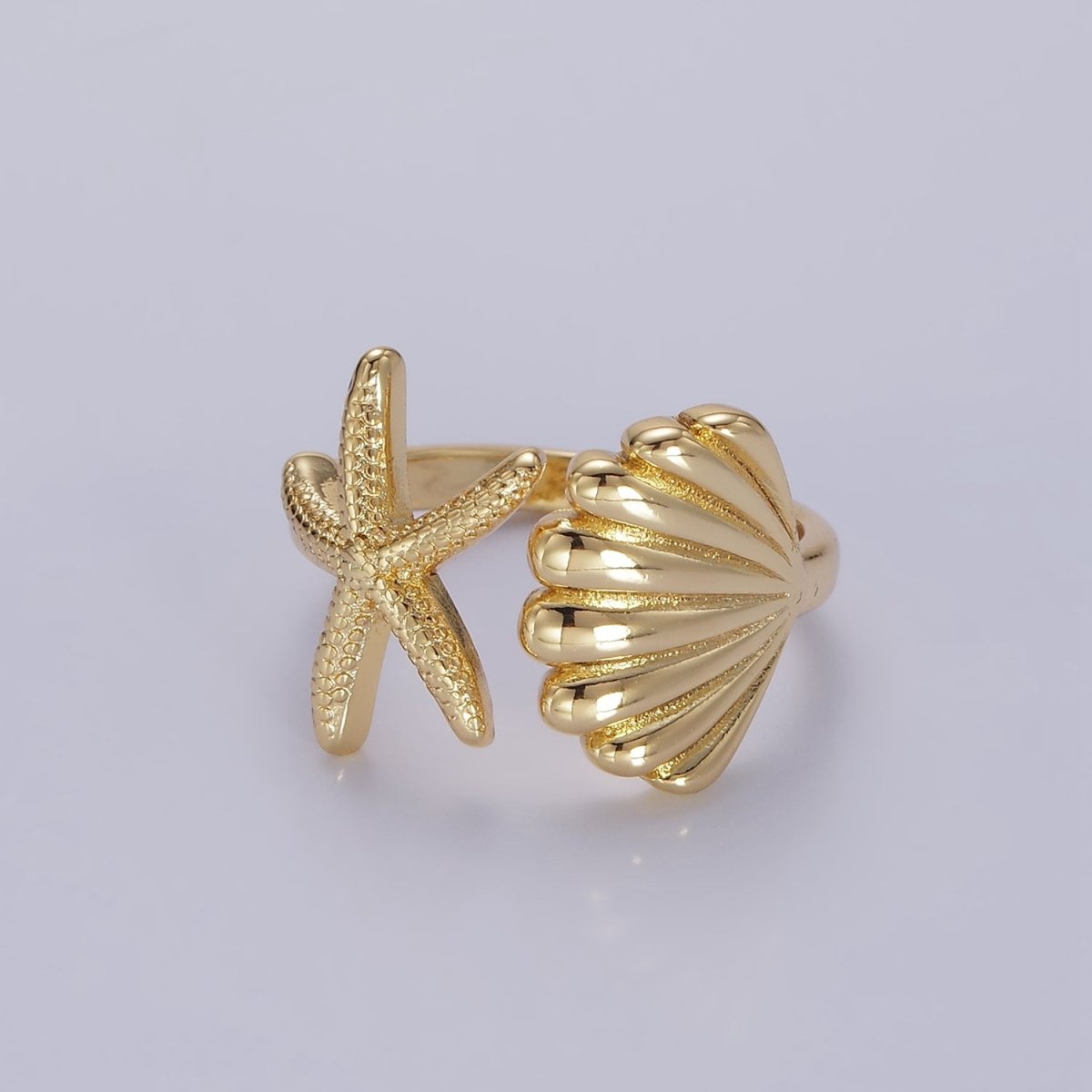 14K Gold Filled Ocean Starfish Clam Sea Shell Open Wrap Ring in Gold & Silver | O333