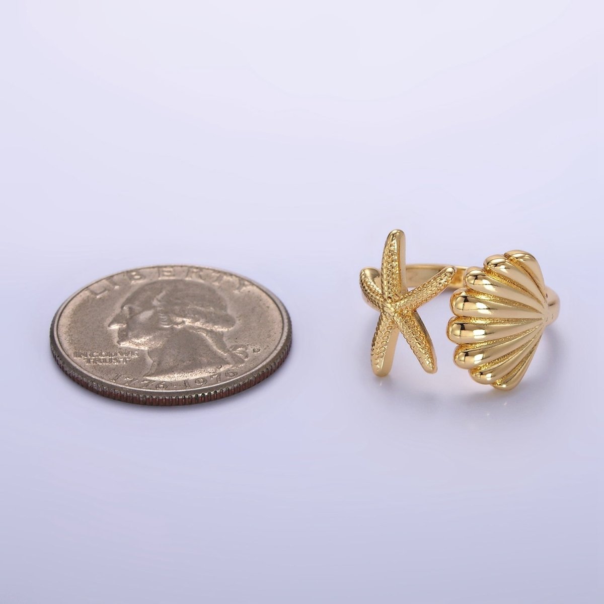 14K Gold Filled Ocean Starfish Clam Sea Shell Open Wrap Ring in Gold & Silver | O333