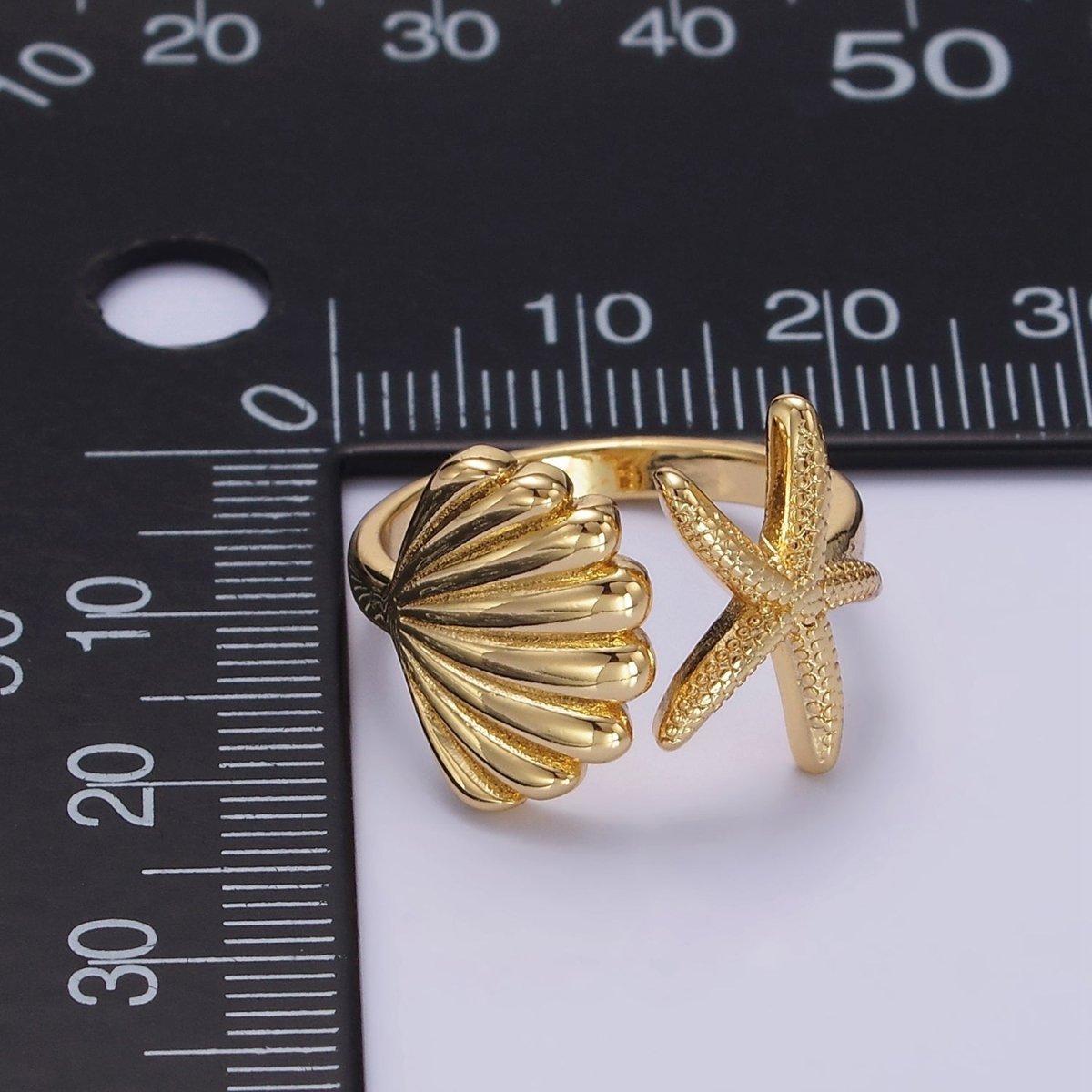 14K Gold Filled Ocean Starfish Clam Sea Shell Open Wrap Ring in Gold & Silver | O333