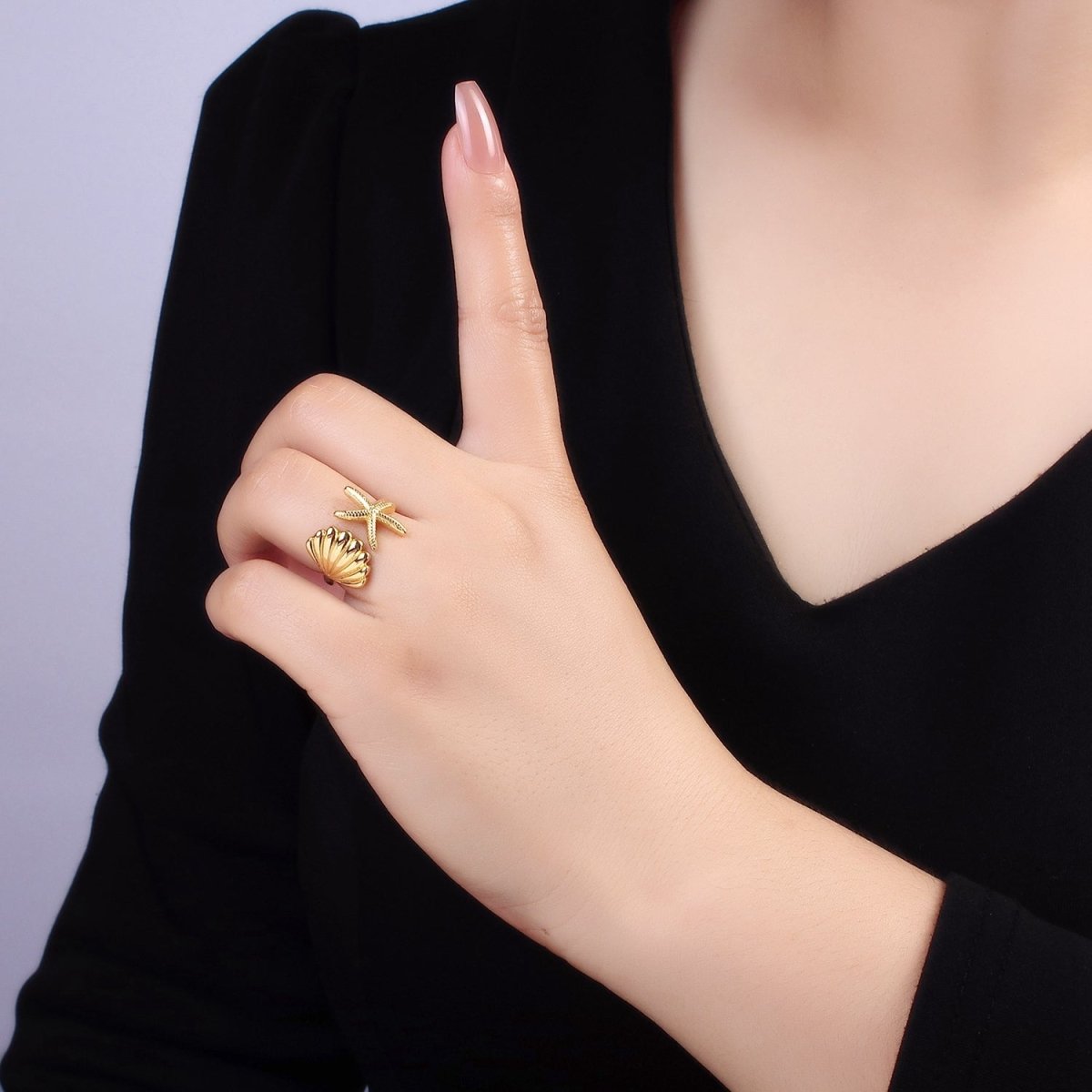 14K Gold Filled Ocean Starfish Clam Sea Shell Open Wrap Ring in Gold & Silver | O333