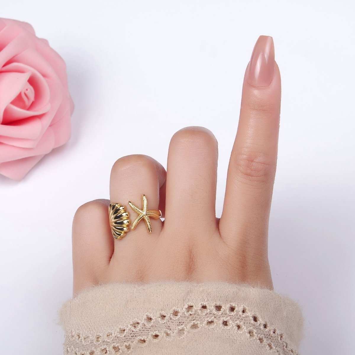 14K Gold Filled Ocean Starfish Clam Sea Shell Open Wrap Ring in Gold & Silver | O333