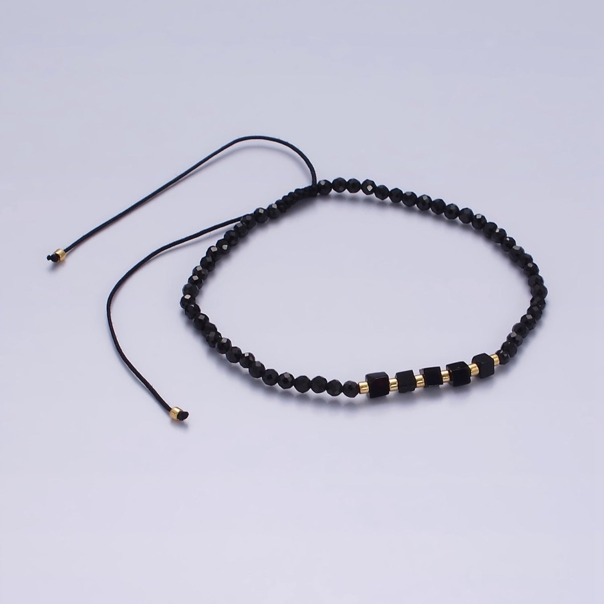 14K Gold Filled Onyx Multifaceted Black Rope Adjustable Friendship Bracelet | WA-2165 - WA-2167 Clearance Pricing