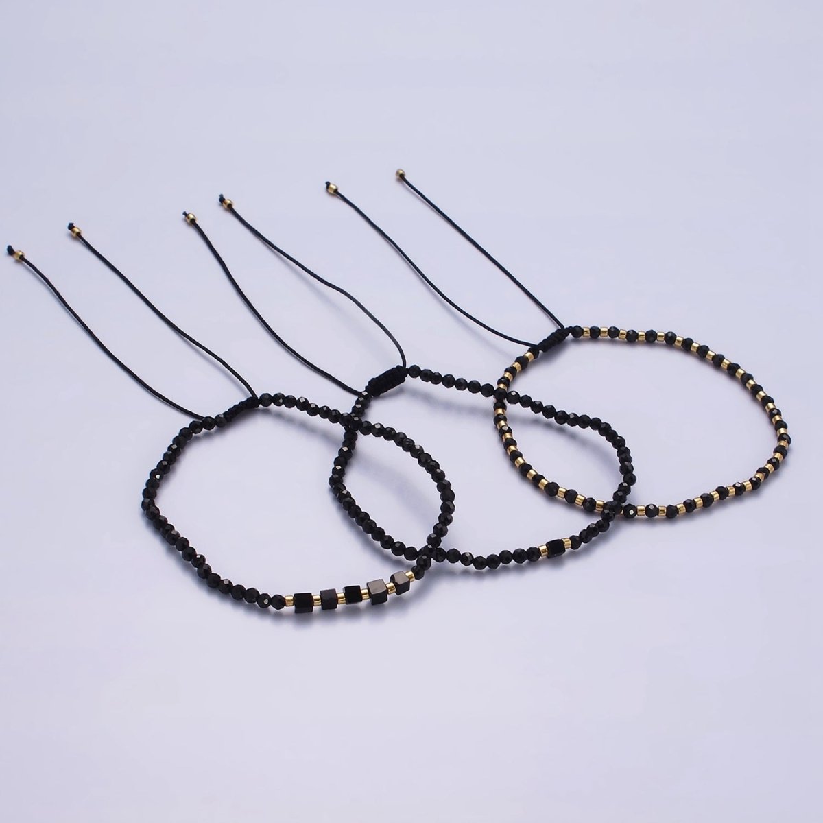 14K Gold Filled Onyx Multifaceted Black Rope Adjustable Friendship Bracelet | WA-2165 - WA-2167 Clearance Pricing