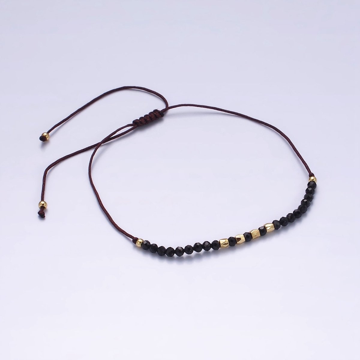 14K Gold Filled Onyx Multifaceted Black Rope Adjustable Friendship Bracelet | WA-2193 - WA-2195 Clearance Pricing