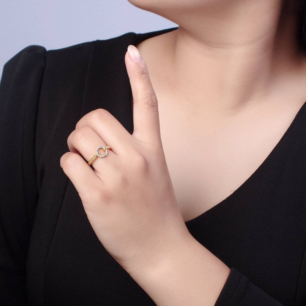 14K Gold Filled Open Circle Round Micro Paved CZ Textured Band Ring | O2071 - DLUXCA