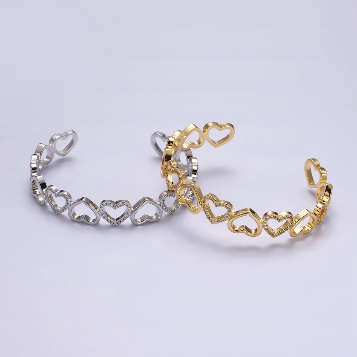 14K Gold Filled Open Heart Micro Paved CZ Cuff Bangle Bracelet in Silver & Gold | WA-1927 WA-1928 Clearance Pricing