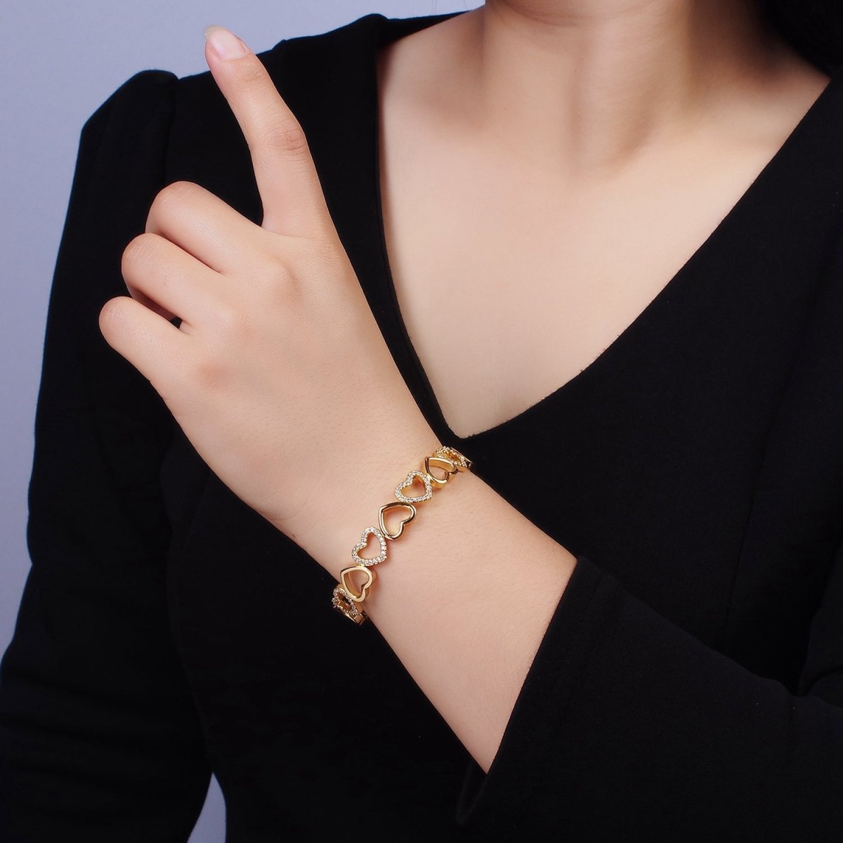 14K Gold Filled Open Heart Micro Paved CZ Cuff Bangle Bracelet in Silver & Gold | WA-1927 WA-1928 Clearance Pricing