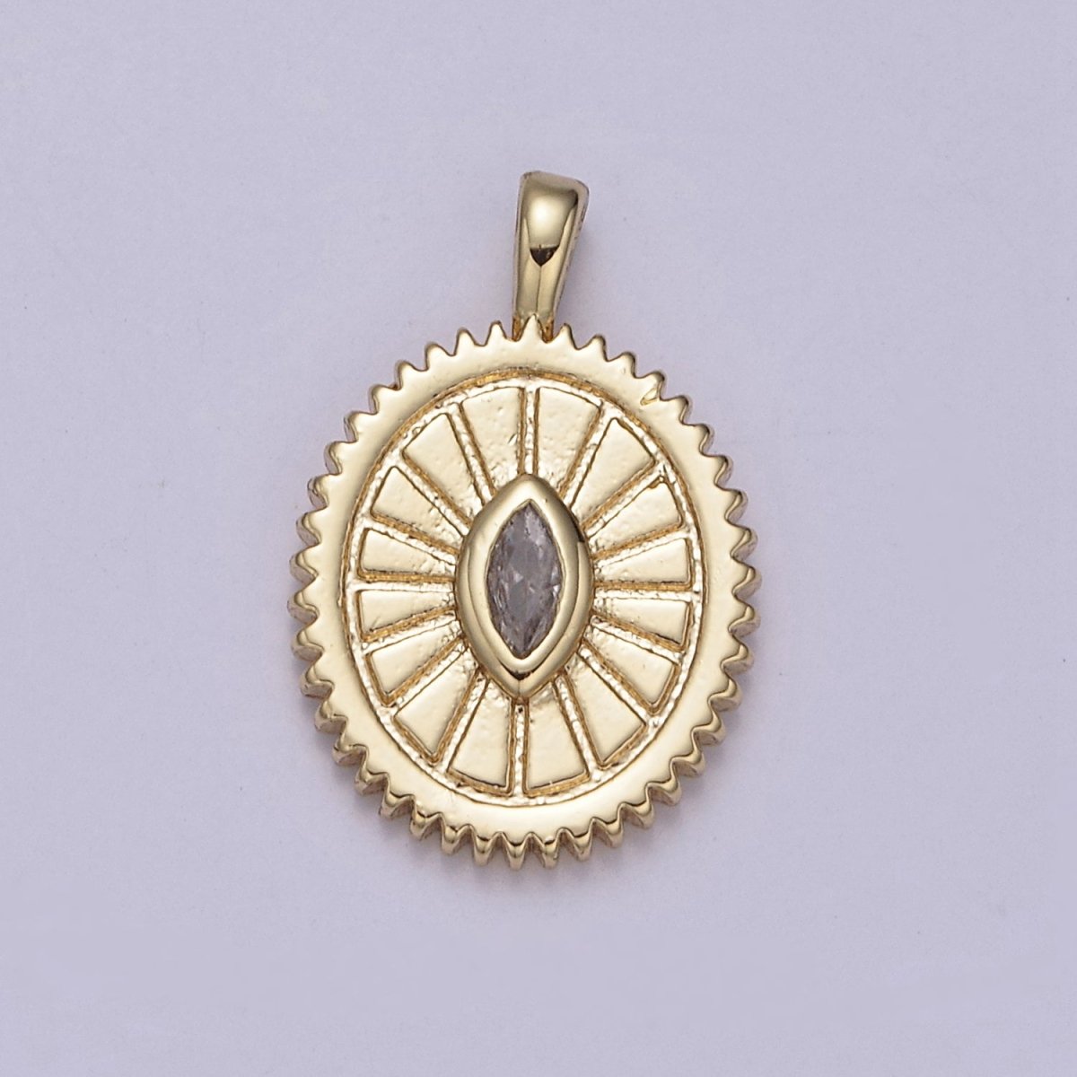 14K Gold Filled Oval Charm Sunburst With Clear Eye Cz Centerpiece for Minimalist Jewelry Making N-610 - DLUXCA