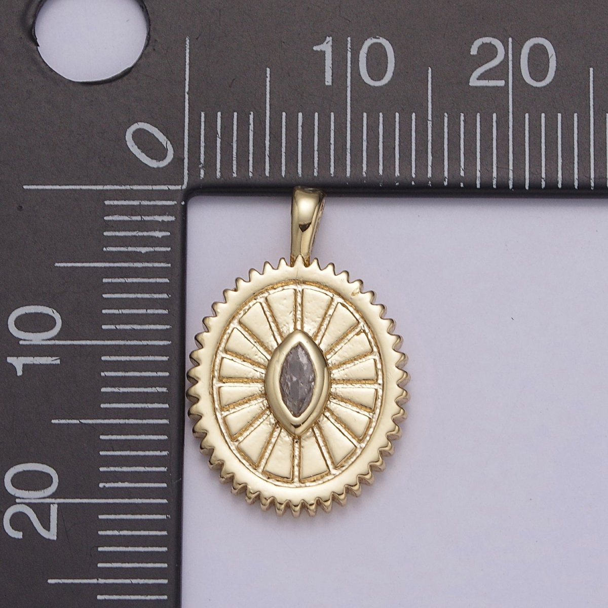 14K Gold Filled Oval Charm Sunburst With Clear Eye Cz Centerpiece for Minimalist Jewelry Making N-610 - DLUXCA