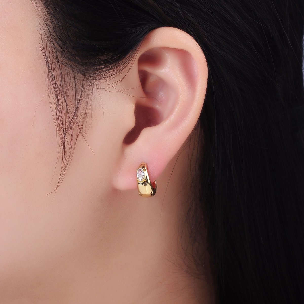 14K Gold Filled Oval CZ Dome Huggie Earrings | AB1258 - DLUXCA