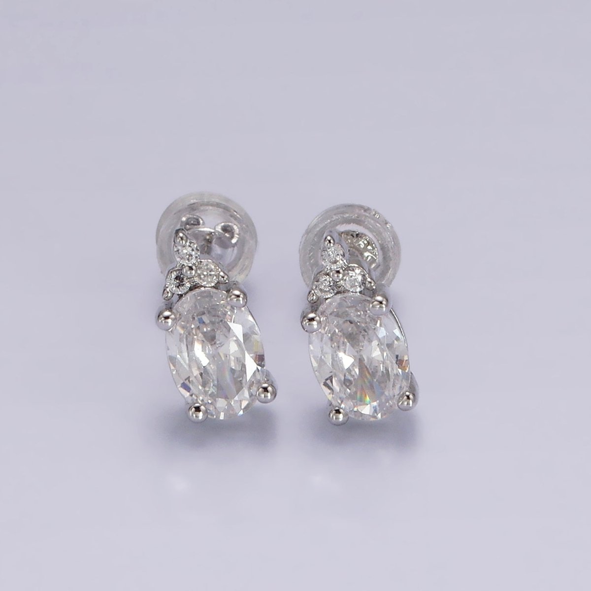 14K Gold Filled Oval Triple CZ Bezel Stud Earrings in Gold & Silver | V-201