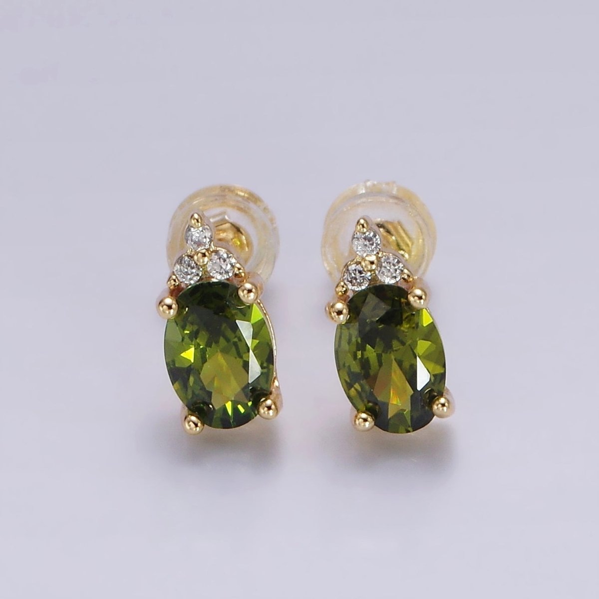 14K Gold Filled Oval Triple CZ Bezel Stud Earrings in Gold & Silver | V-201