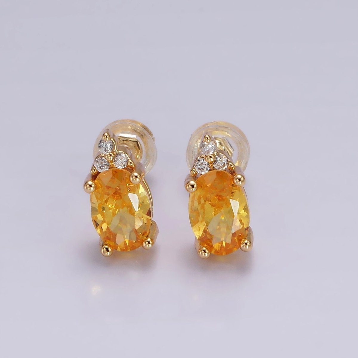 14K Gold Filled Oval Triple CZ Bezel Stud Earrings in Gold & Silver | V-201