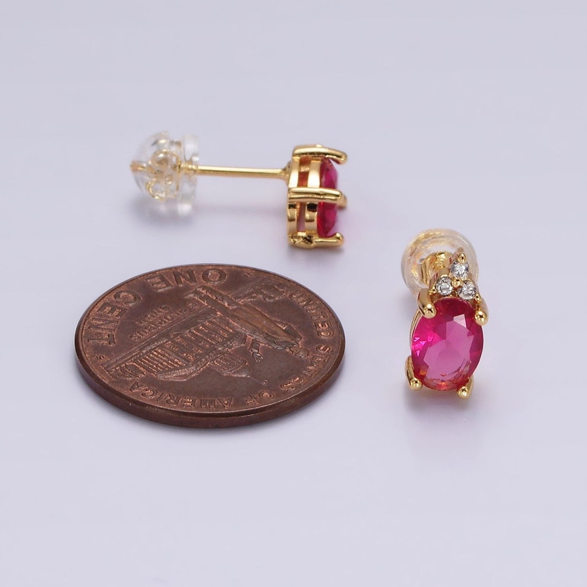 14K Gold Filled Oval Triple CZ Bezel Stud Earrings in Gold & Silver | V-201